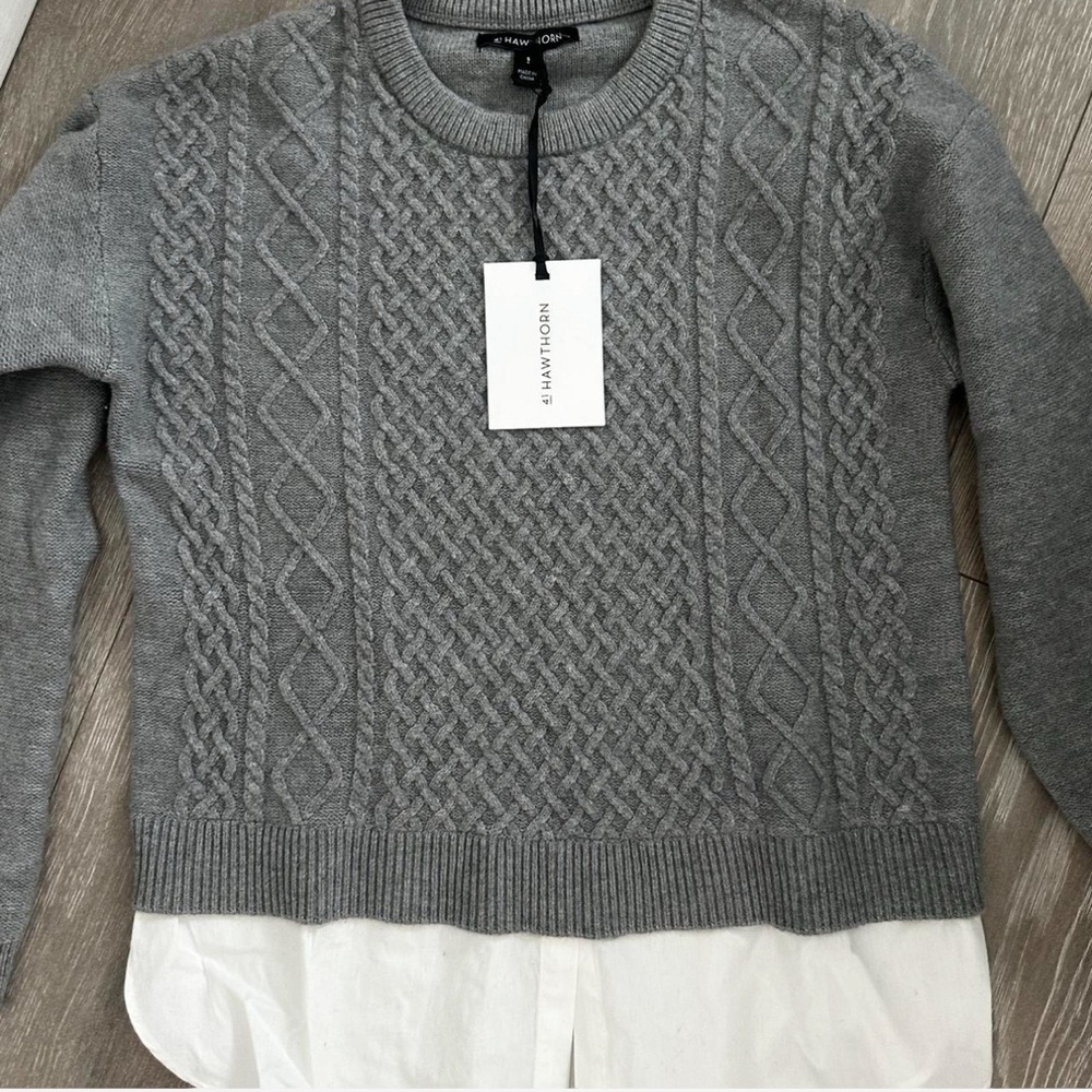 Grey Hawthorn cable knit sweater with white cotton blend undershirt #knitwear